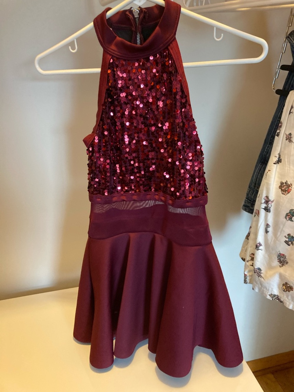Weissman Burgundy Sequin Halter Dance Dress